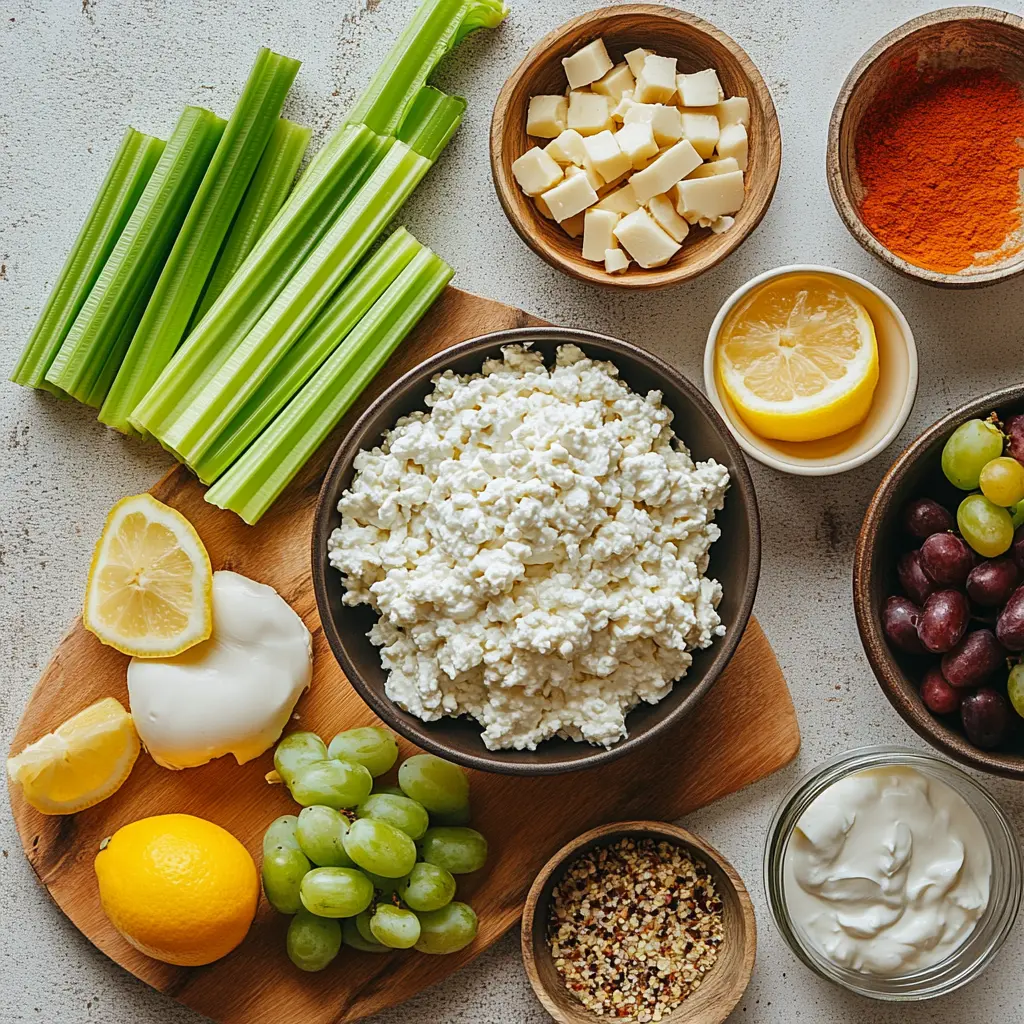 High protein chicken salad ingredients: Greek yogurt, grapes, celery, chicken breast, cottage cheese neatly laid out