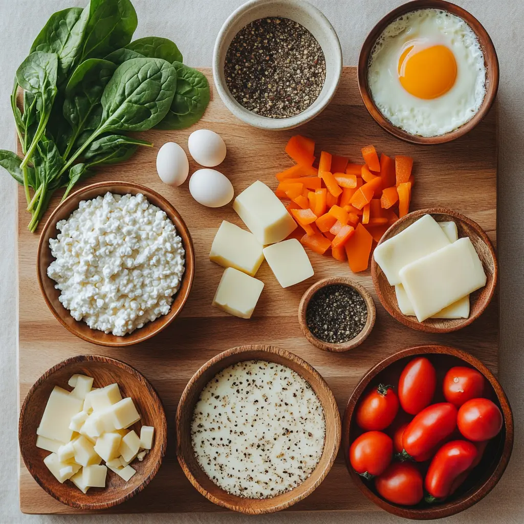 Ingredients laid out for HIGH PROTEIN COTTAGE CHEESE EGG BAKE including eggs, cottage cheese, spinach, cheddar, and gouda