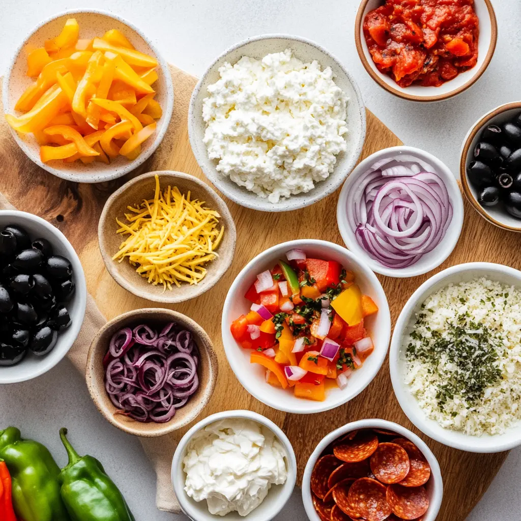Ingredients for High Protein Cottage Cheese Pizza Bowl arranged neatly on counter including cottage cheese, marinara, turkey pepperoni, shredded cheese and fresh peppers