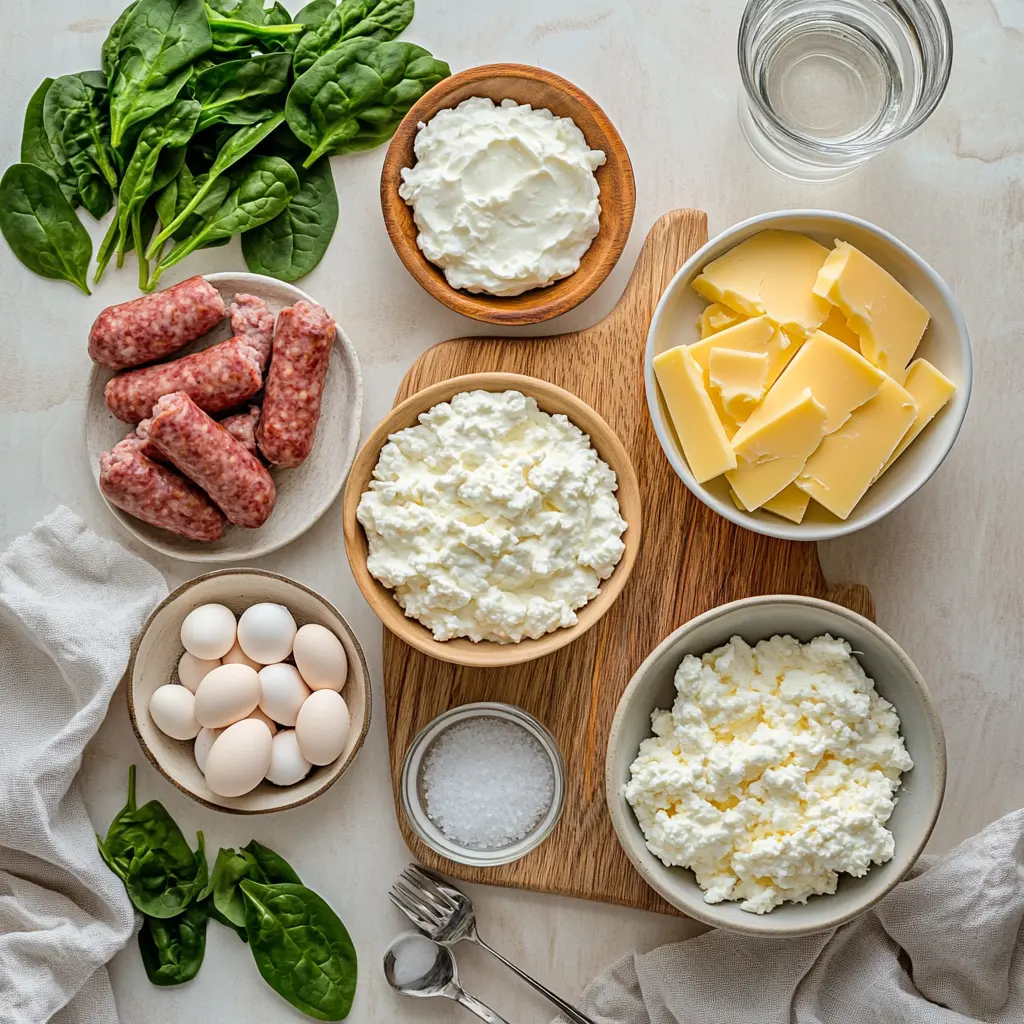 Ingredients for high-protein cottage cheese breakfast casserole with eggs, turkey sausage, spinach, garlic powder, and mozzarella cheese