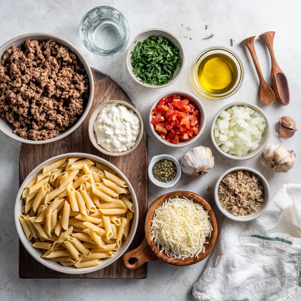 Ingredients for High Protein Creamy Beef Pasta Recipe including penne pasta, ground beef, Greek yogurt, Parmesan cheese, diced tomatoes, and herbs
