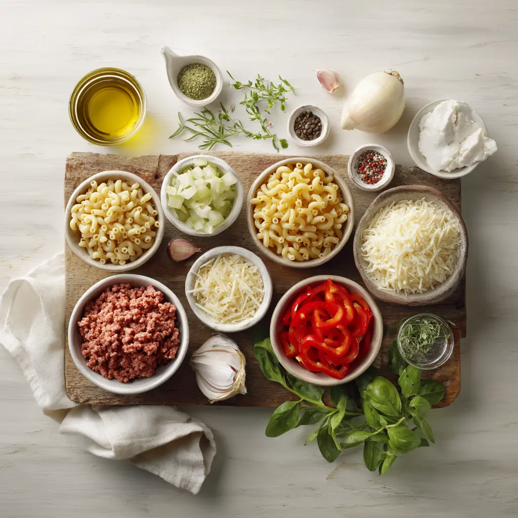 Flat lay of ingredients for High-Protein Creamy Philly Cheesesteak Mac Cheese: pasta, ground beef, bell peppers, cheese trio