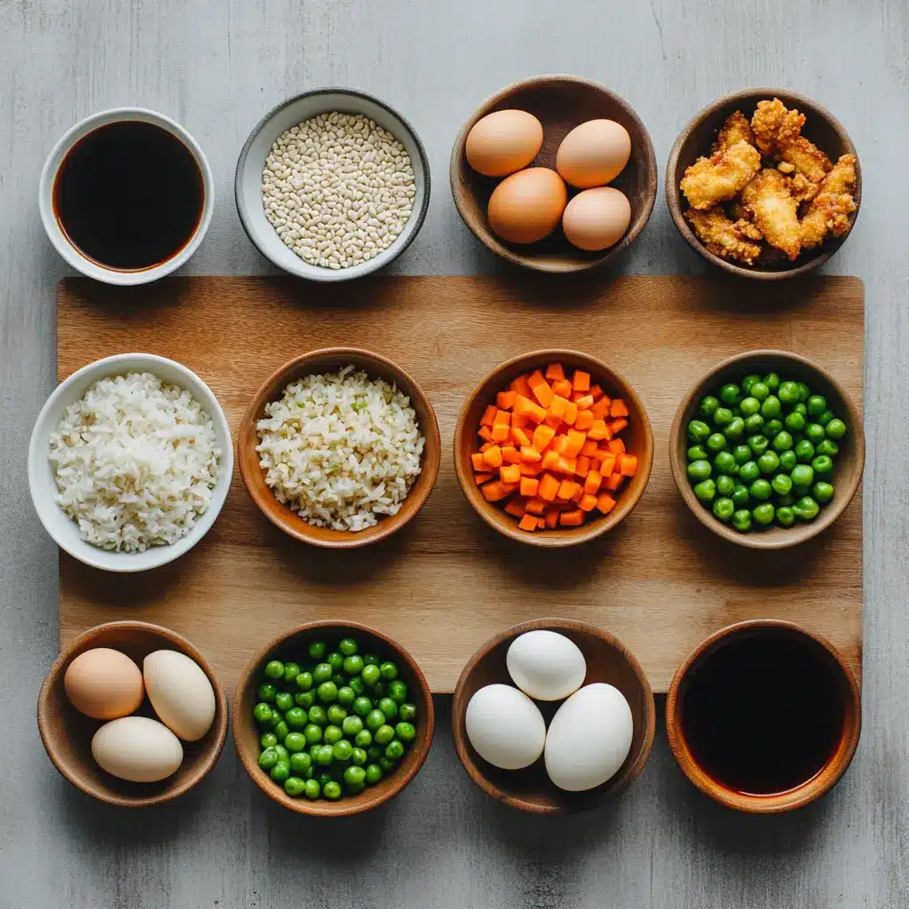 Flatlay of key ingredients for high protein crispy garlic chicken fried rice - chicken breast, garlic, rice, and vegetables