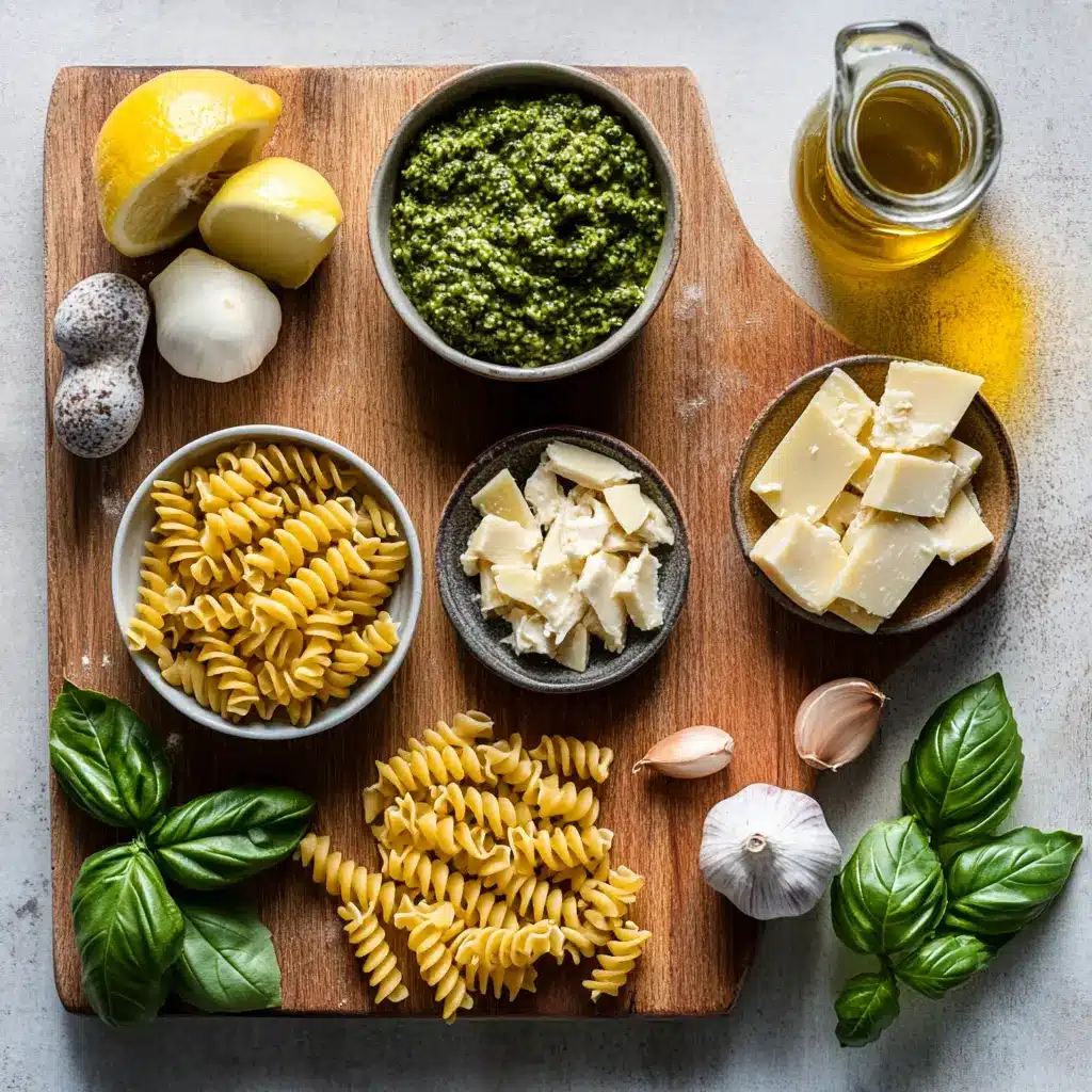 Ingredients for High Protein Pesto Pasta with Chicken including rotini, pesto, marinated chicken, and parmesan