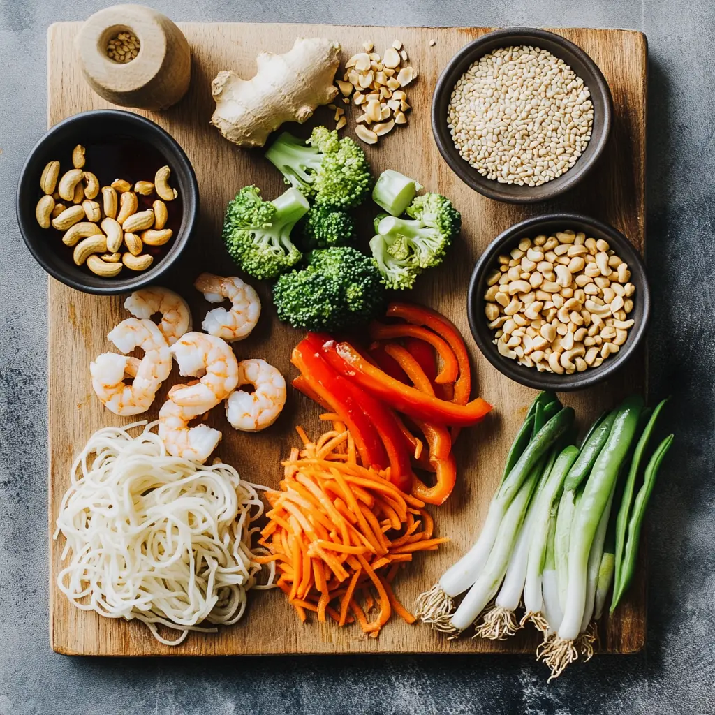 Ingredients for High Protein Shrimp Stir Fry with Noodles including shrimp, noodles, and vegetables