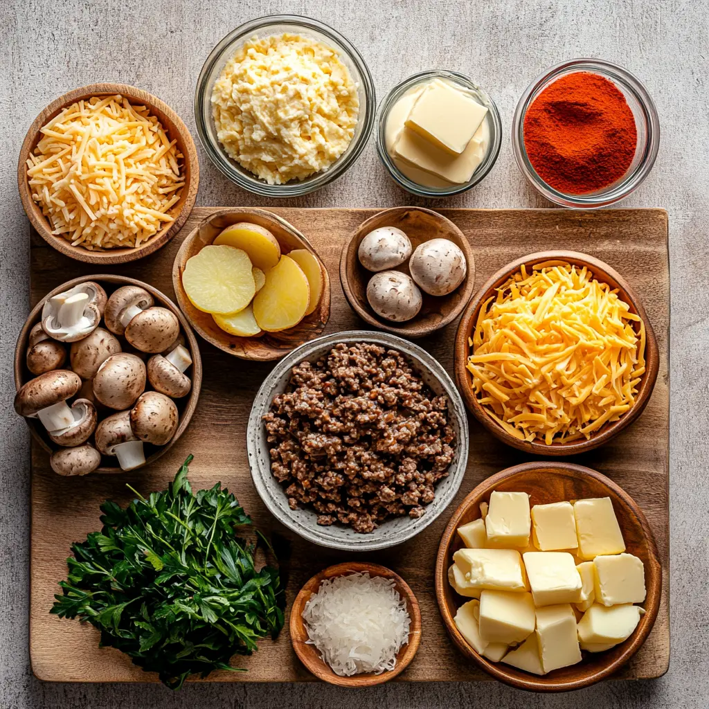 Hobo Casserole Ground Beef: Easy and Delicious Recipe 2 Ingredients for HOBO CASSEROLE GROUND BEEF laid out on kitchen counter including ground beef, potatoes, cheddar cheese and cream of mushroom soup