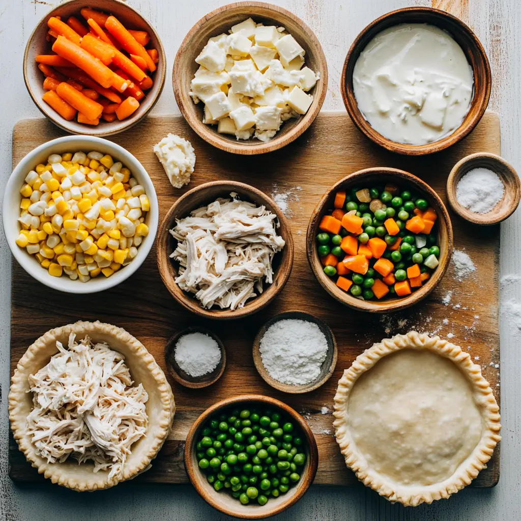 Ingredients for making homemade easy chicken pot pie laid neatly on counter including pie crusts, vegetables, chicken, and broth