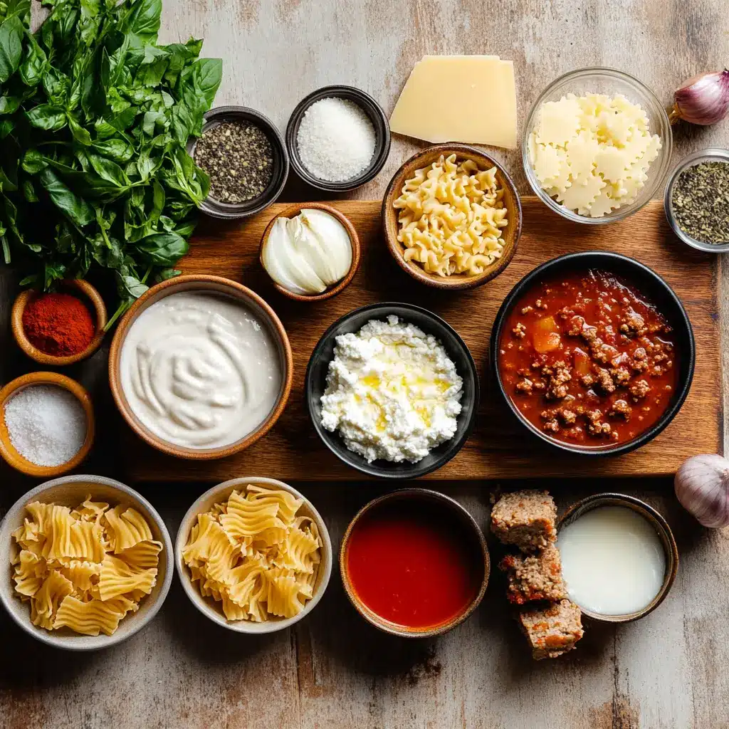 Lasagna Soup: Easy and Irresistible Cozy Recipe 2 Top-down view of lasagna soup ingredients including Italian sausage, cheese, crushed tomatoes, and pasta