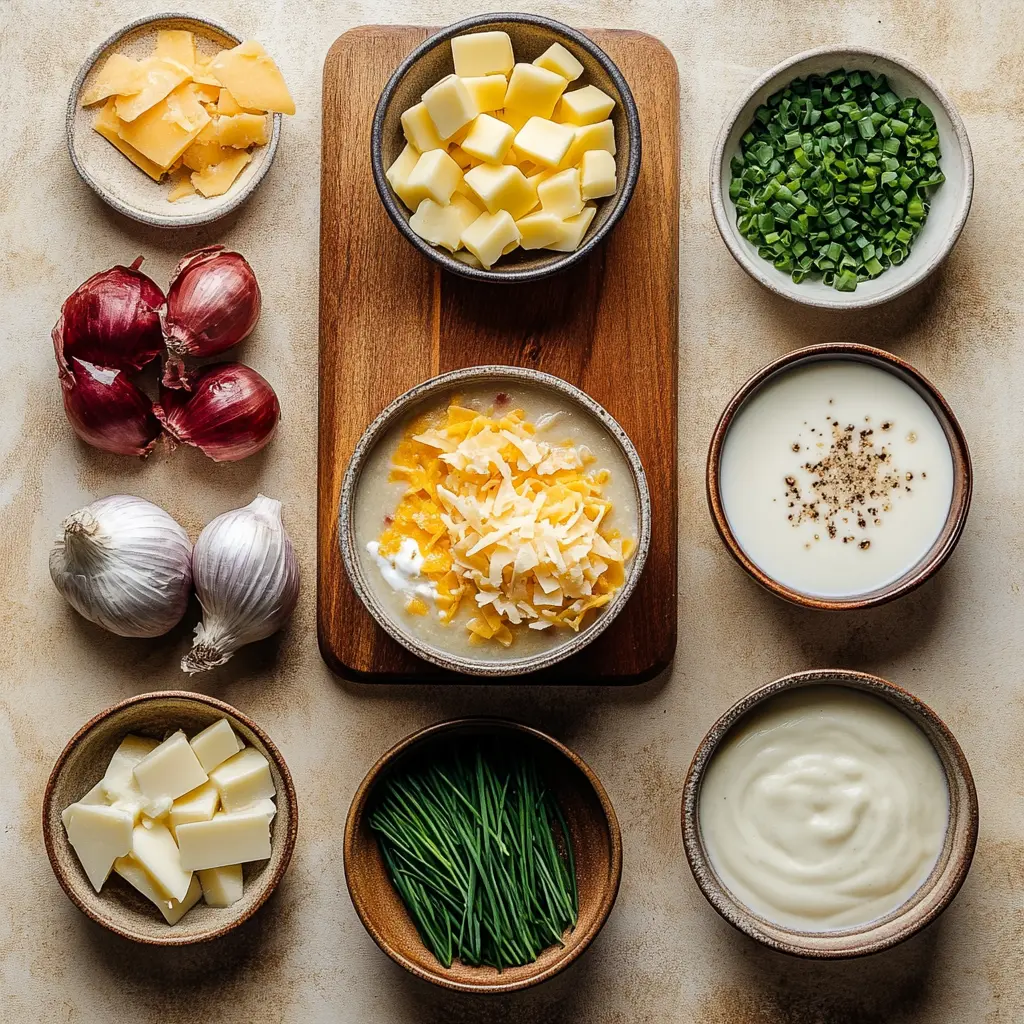 Ingredients for Loaded Baked Potato Soup with shredded cheddar, bacon strips, russet potatoes, sour cream, aromatics and half-and-half arranged on a wooden board