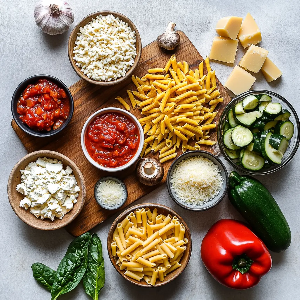 Ingredients for Loaded Veggie Baked Ziti neatly arranged on a kitchen counter: pasta, fresh vegetables, cheeses, and marinara sauce