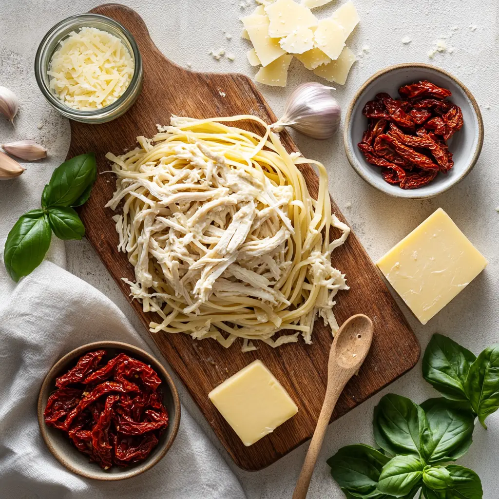 Ingredients for Marry Me Chicken Pasta: shredded chicken, pasta, sun-dried tomatoes, garlic, cream, Parmesan, fresh herbs