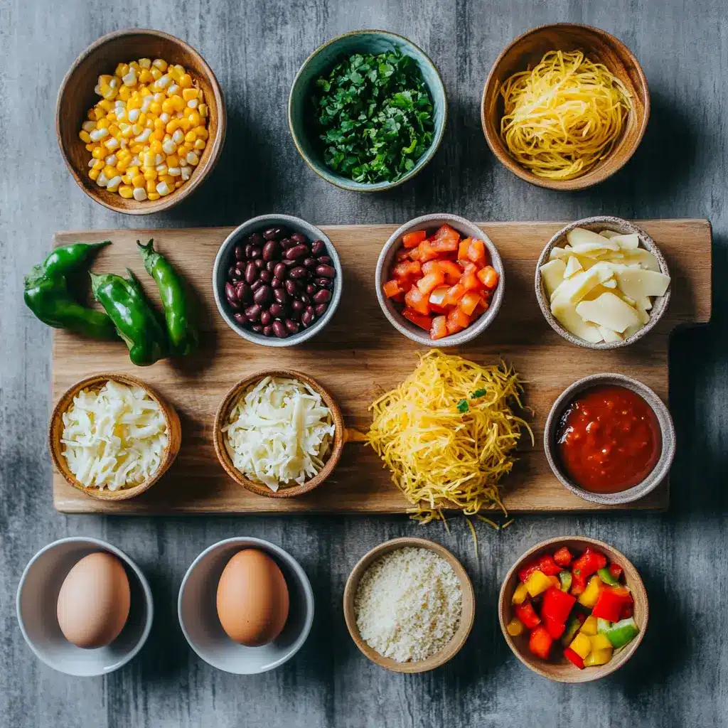 Flat lay of prepped ingredients for Mexican Spaghetti Squash Casserole: spaghetti squash halves, ground turkey, corn, black beans, bell peppers, enchilada sauce, and spices