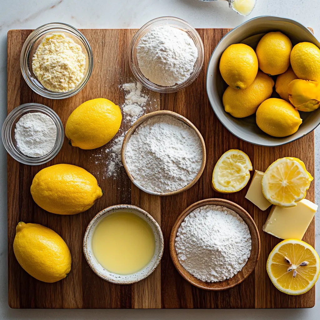 Flat lay of fresh Meyer lemons, sugar, flour, and eggs arranged for lemon bars ingredients