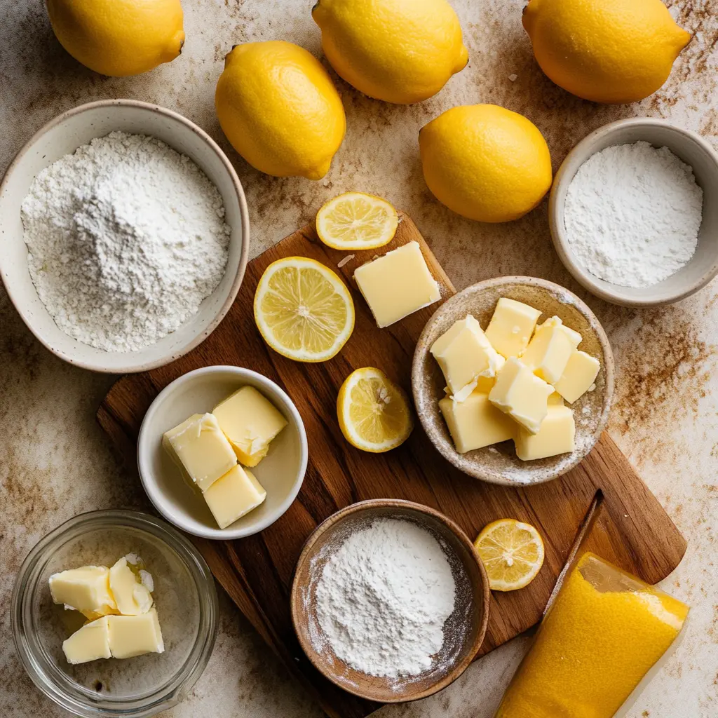 Meyer Lemon Meltaways Recipe - Easy and Delicious Treats 2 Ingredients for Meyer Lemon Meltaways Recipe including butter, Meyer lemons, flour, cornstarch, and powdered sugar arranged cleanly