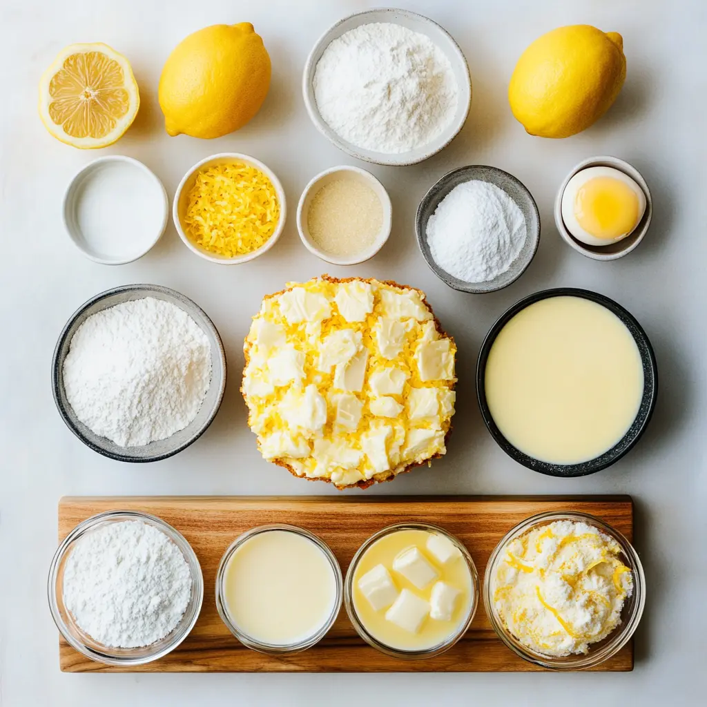 Ingredients for Meyer Lemon Pound Cake including fresh lemons, eggs, flour, and sugar on a wooden table