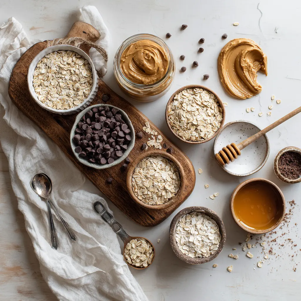 No-Bake Chocolate Peanut Butter Protein Balls: Easy Delicious Recipe 2 Ingredients for No-Bake Chocolate Peanut Butter Protein Balls arranged on wooden board with kitchen towel and water glass