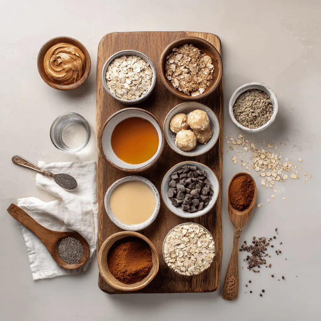 Ingredients laid out for No-Bake Protein Balls including oats, nut butter, chia seeds, honey, and chocolate chips