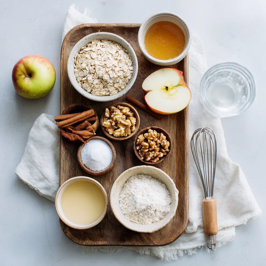 Baking ingredients for oatmeal apple breakfast bake including oats, diced apples, eggs, cinnamon, maple syrup
