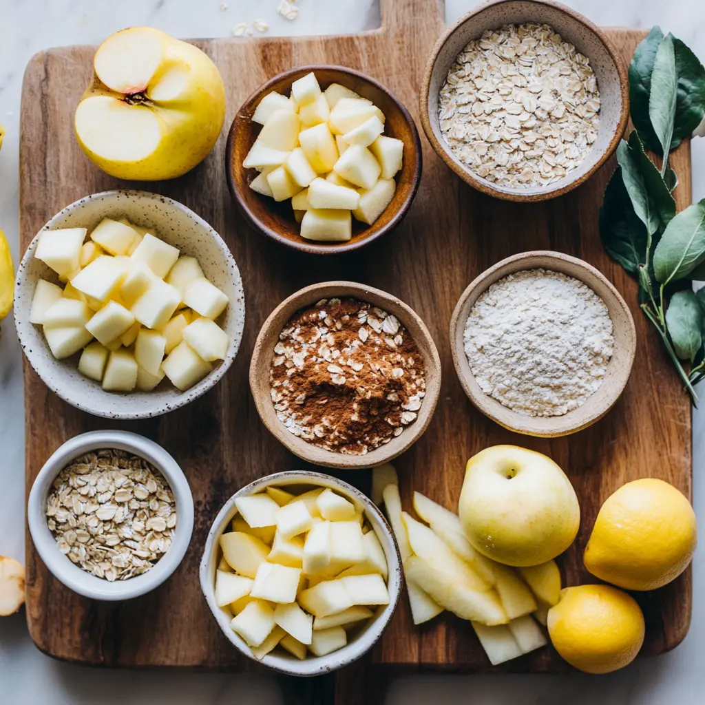 Overhead view of ingredients for Old Fashioned Easy Apple Crisp including apples, oats, flour, butter, sugar, and cinnamon arranged on a wooden surface