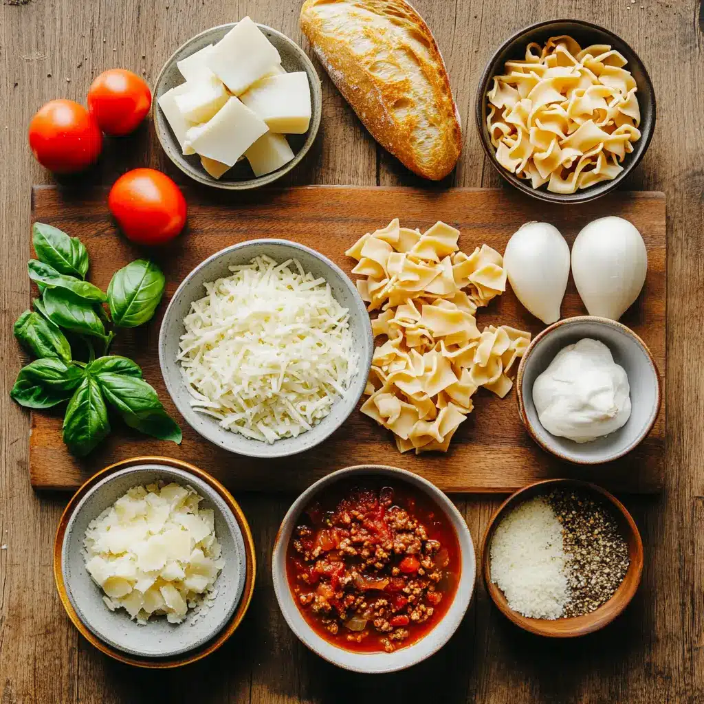 Overhead view of One Pot Lasagna Soup ingredients including ground beef, pasta, ricotta, crushed tomatoes, and seasonings.