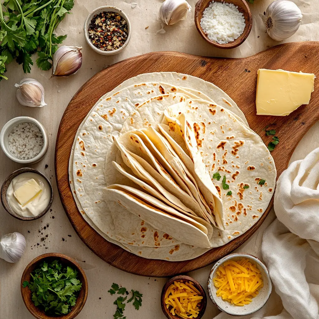 Ingredients for Ooey Gooey Cheesy Garlic Chicken Wraps including cheese, garlic, tortillas, and cooked chicken