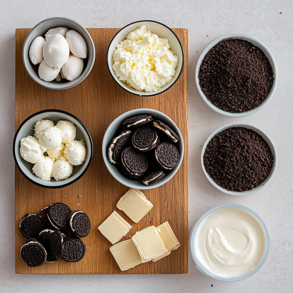 Ingredients for Oreo Cake Balls - cream cheese, Oreos, and white candy melts on a rustic kitchen counter