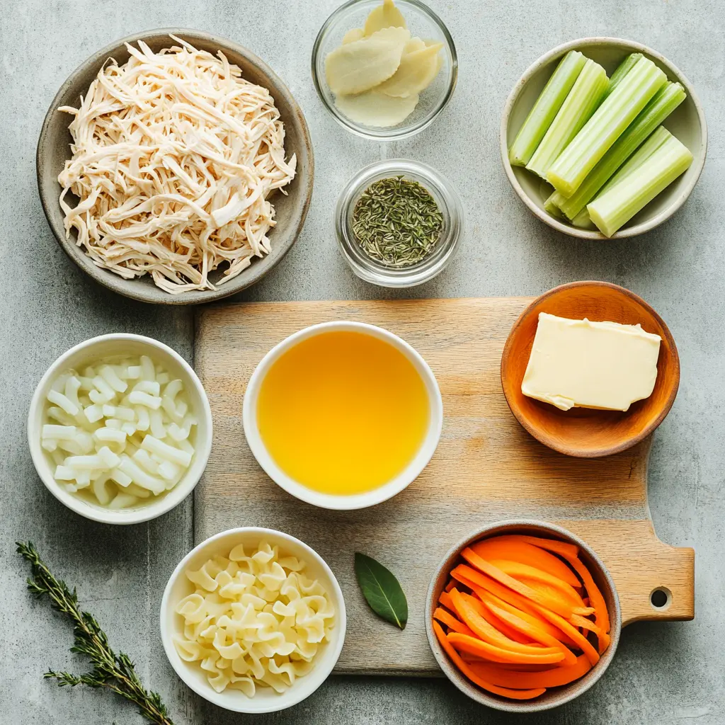 Ingredients for Panera Chicken Noodle Soup Recipe including rotisserie chicken, carrots, egg noodles, celery, and broth displayed on a clean surface