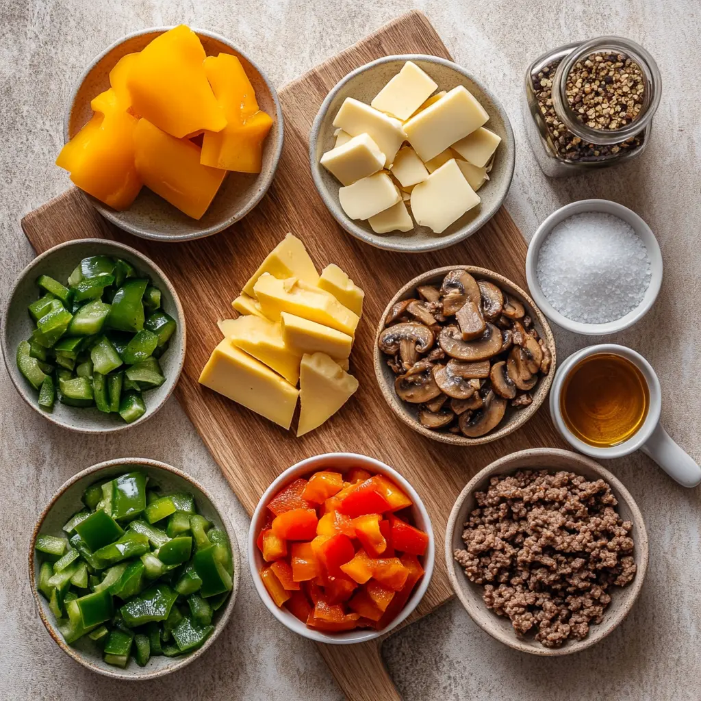 Philly Cheesesteak Bowls: Easy and Delicious Dinner 2 Fresh ingredients laid out for Philly Cheesesteak Bowls including ground beef, bell peppers, onion, mushrooms, provolone cheese