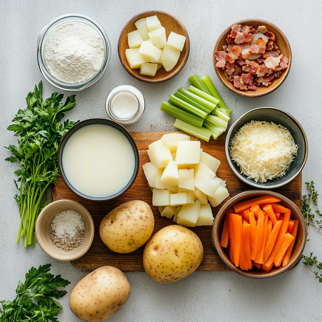 Ingredients for Pioneer Woman Potato Soup Recipe displayed on wooden table including russet potatoes, bacon, onions, carrots, and fresh parsley