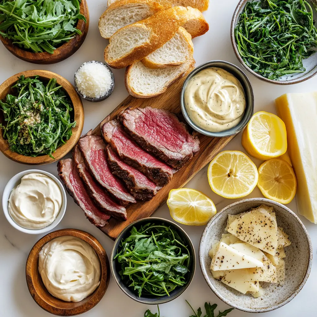 Ingredients laid out for making prime rib steak sandwiches, including sliced beef, bread, cheese, arugula, and sauce
