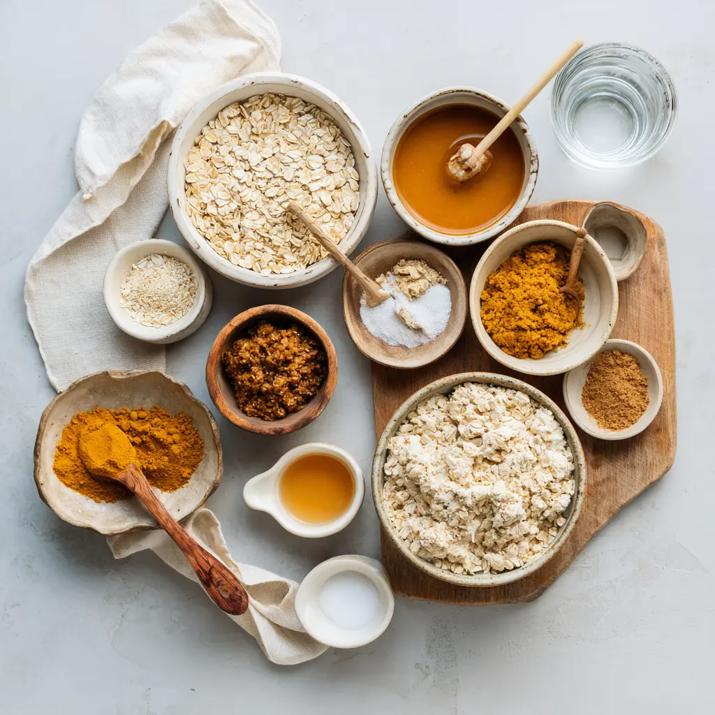 Ingredients for pumpkin protein balls including oats, almond butter, protein powder, and pumpkin puree