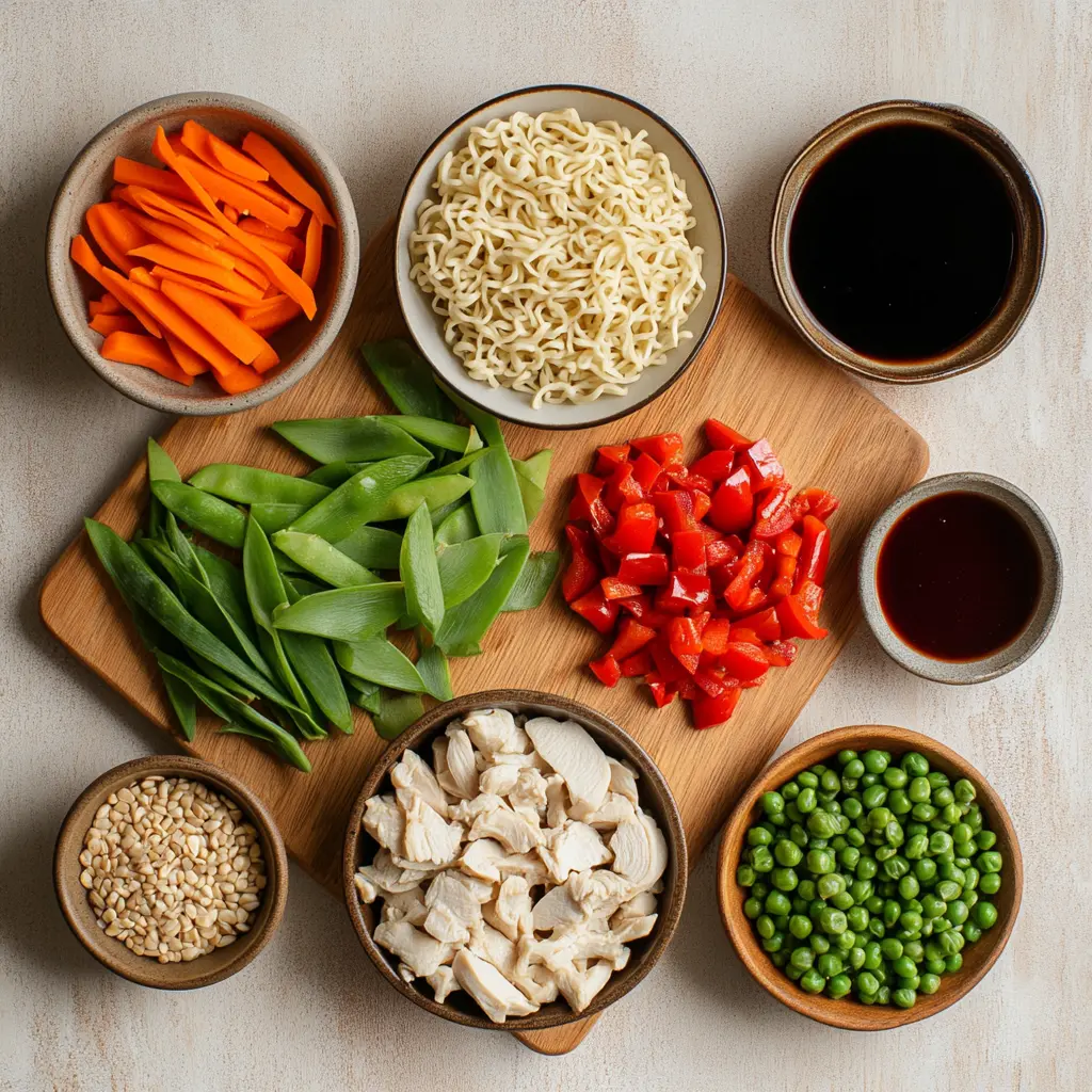 Ingredients displayed for QUICK TASTY CHICKEN RAMEN STIR FRY including chicken, ramen noodles, bell peppers and soy sauce on wooden table
