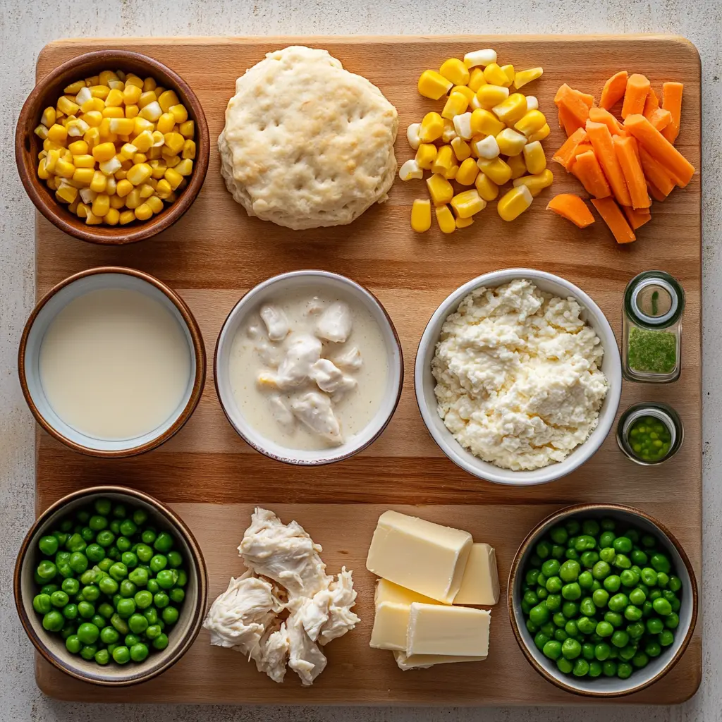 Red Lobster Biscuit Chicken Pot Pie Secrets Revealed 2 Ingredients for Red Lobster Biscuit Chicken Pot Pie including rotisserie chicken, frozen vegetables, biscuit mix, cheese, and spices