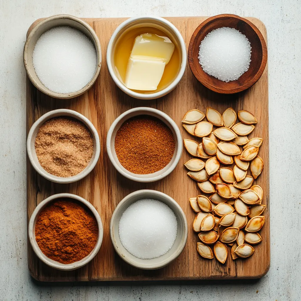 Flat lay of ingredients for roasted pumpkin seeds with cinnamon sugar including raw seeds, cinnamon, sugar, and butter