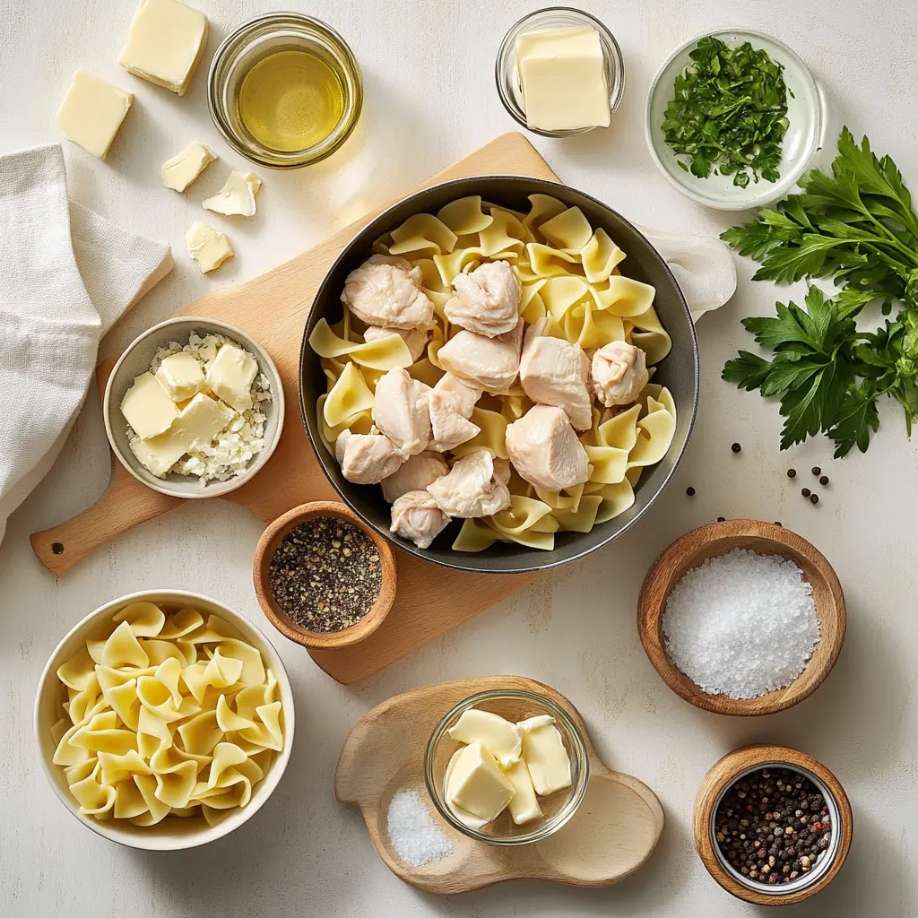 Ingredients for savory one-pan chicken with buttered noodles including egg noodles, chicken breasts, parsley, butter, garlic, and chicken broth