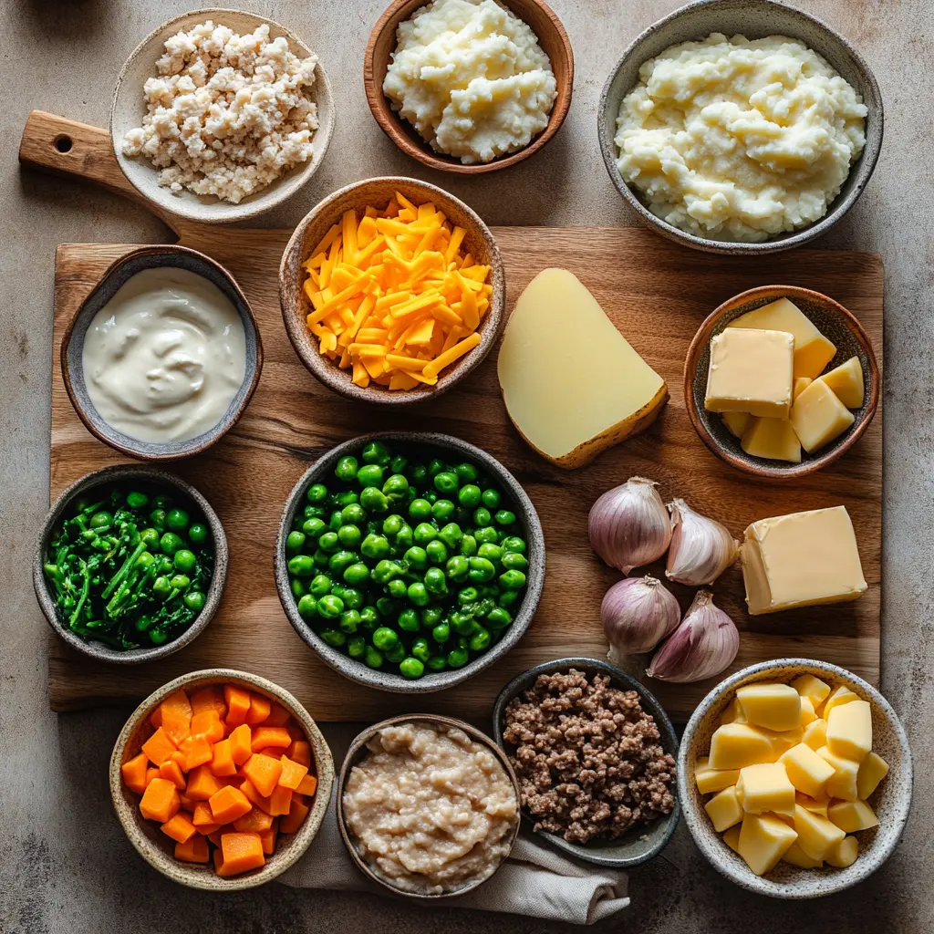 Ingredients for Shepherd's Pie Soup neatly arranged on kitchen counter