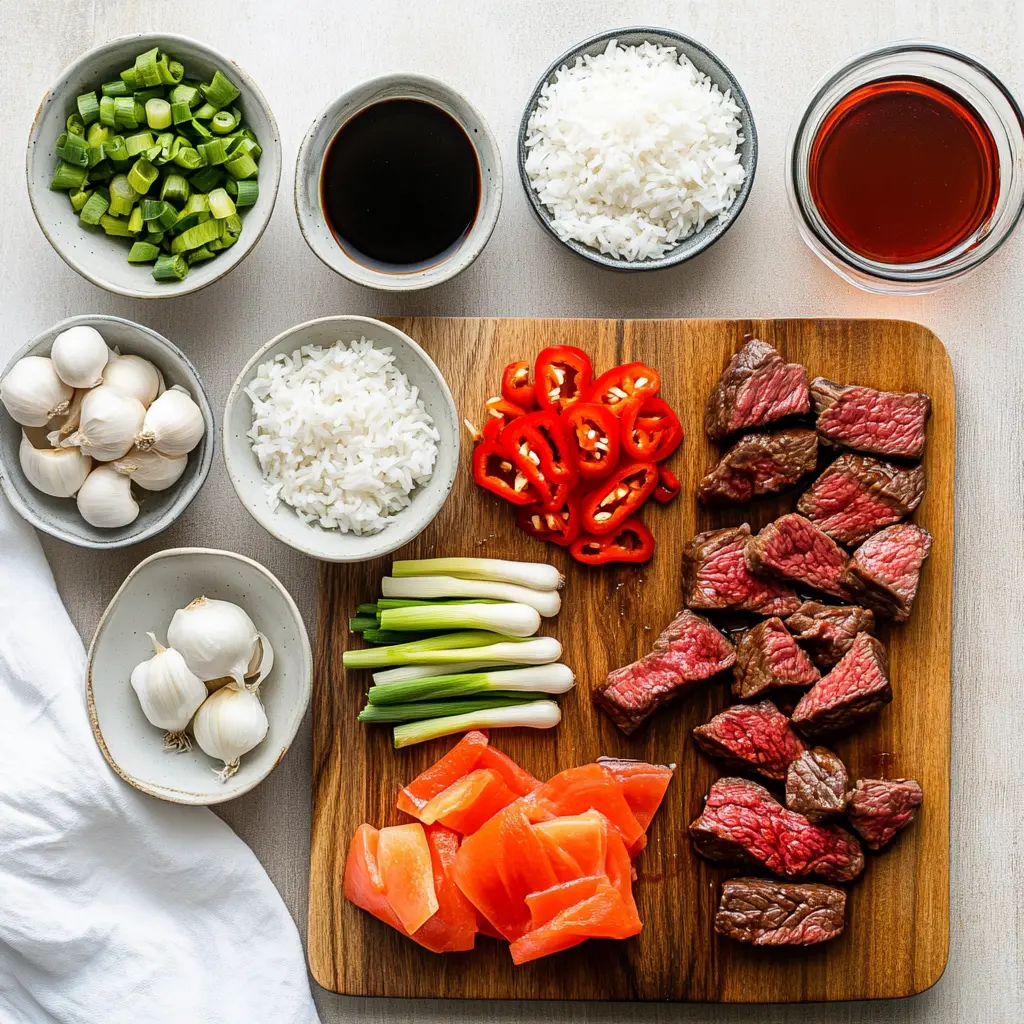 Ingredients for Sizzling Chinese Pepper Steak: sirloin strips, onions, bell peppers, garlic, soy sauce, rice vinegar, hoisin sauce