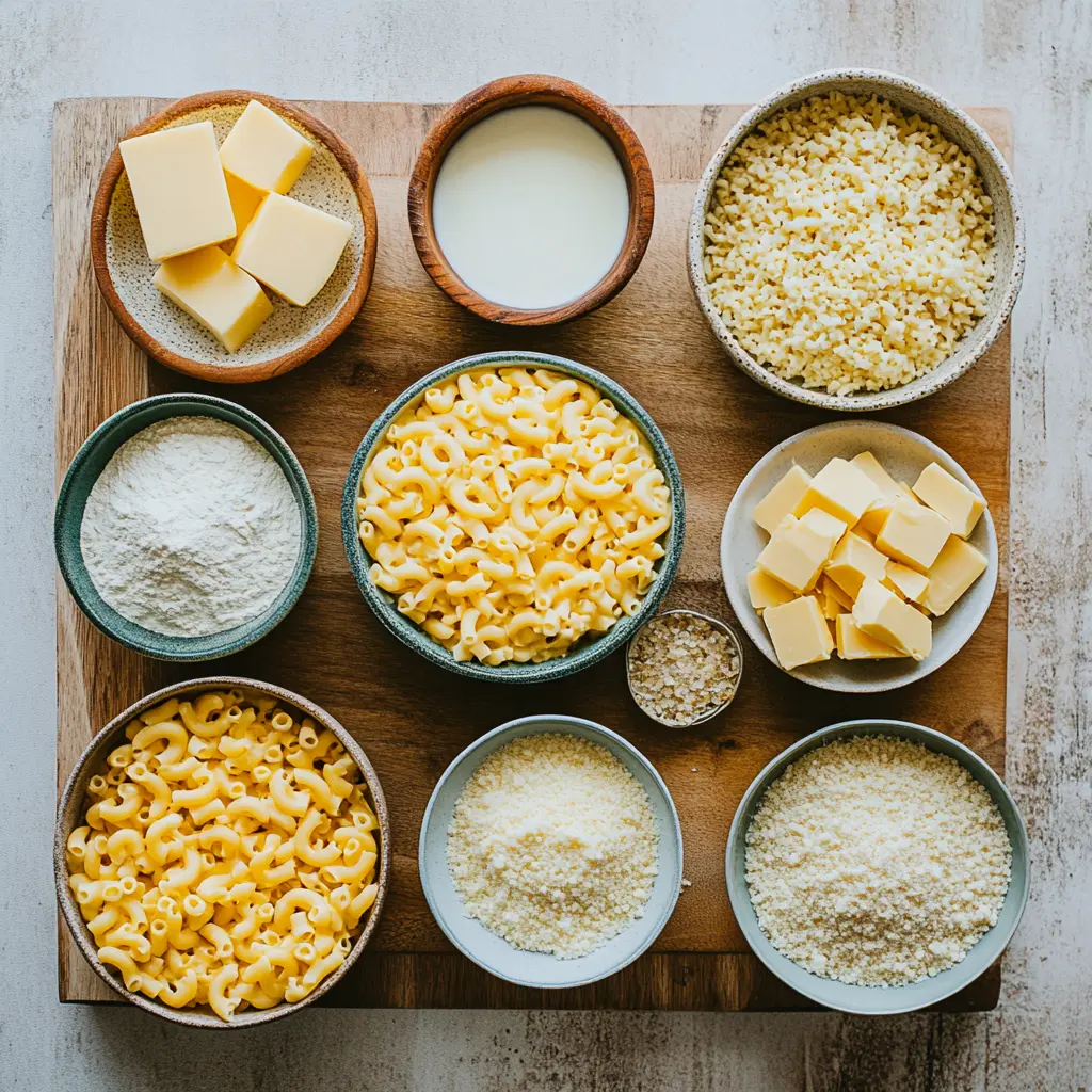 Ingredients for Southern Baked Mac and Cheese in clean layout: cheeses, pasta, milk, and seasonings