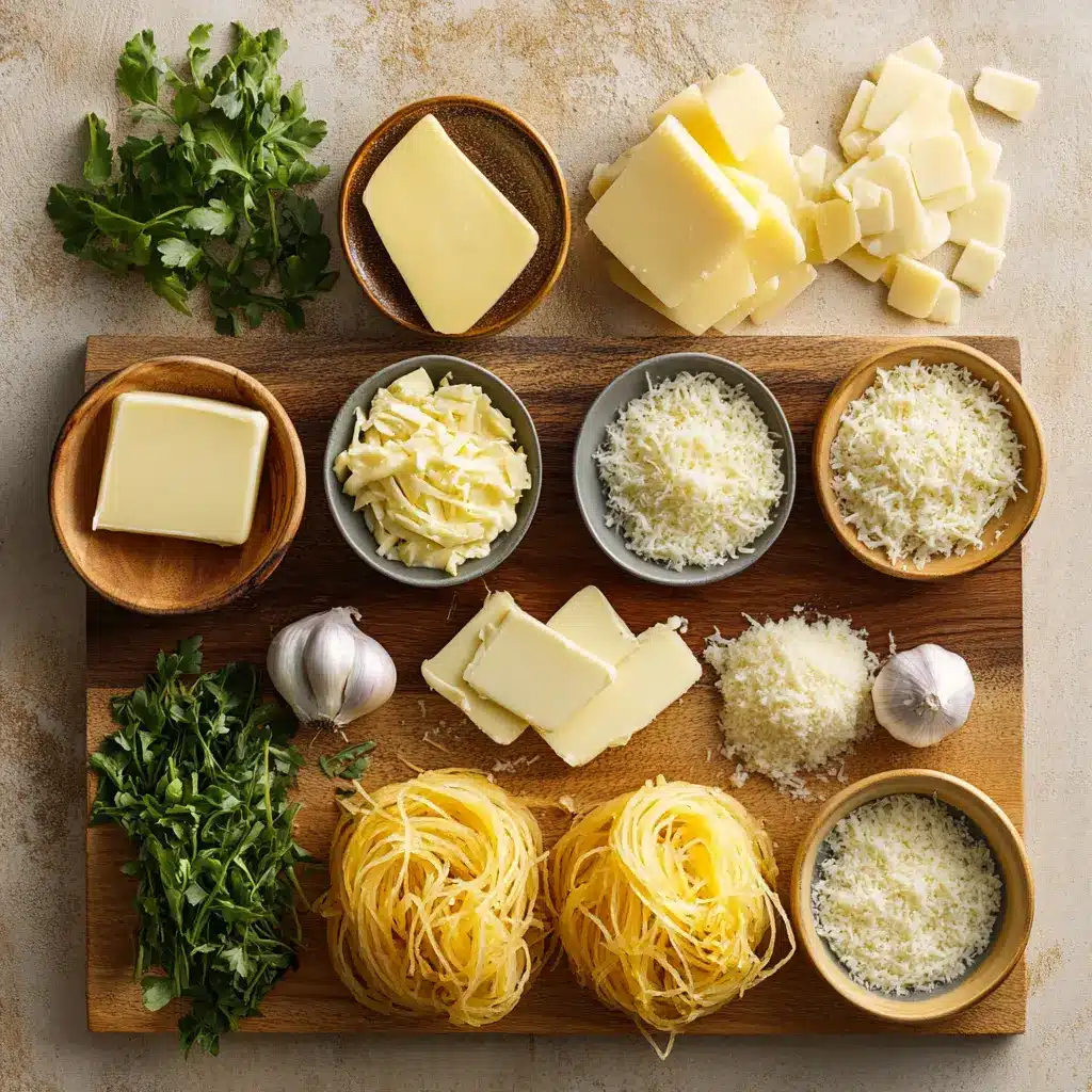 Top-down view of ingredients for Spaghetti Squash Au Gratin on counter including squash, cheese, milk, butter, onions, flour, and breadcrumbs