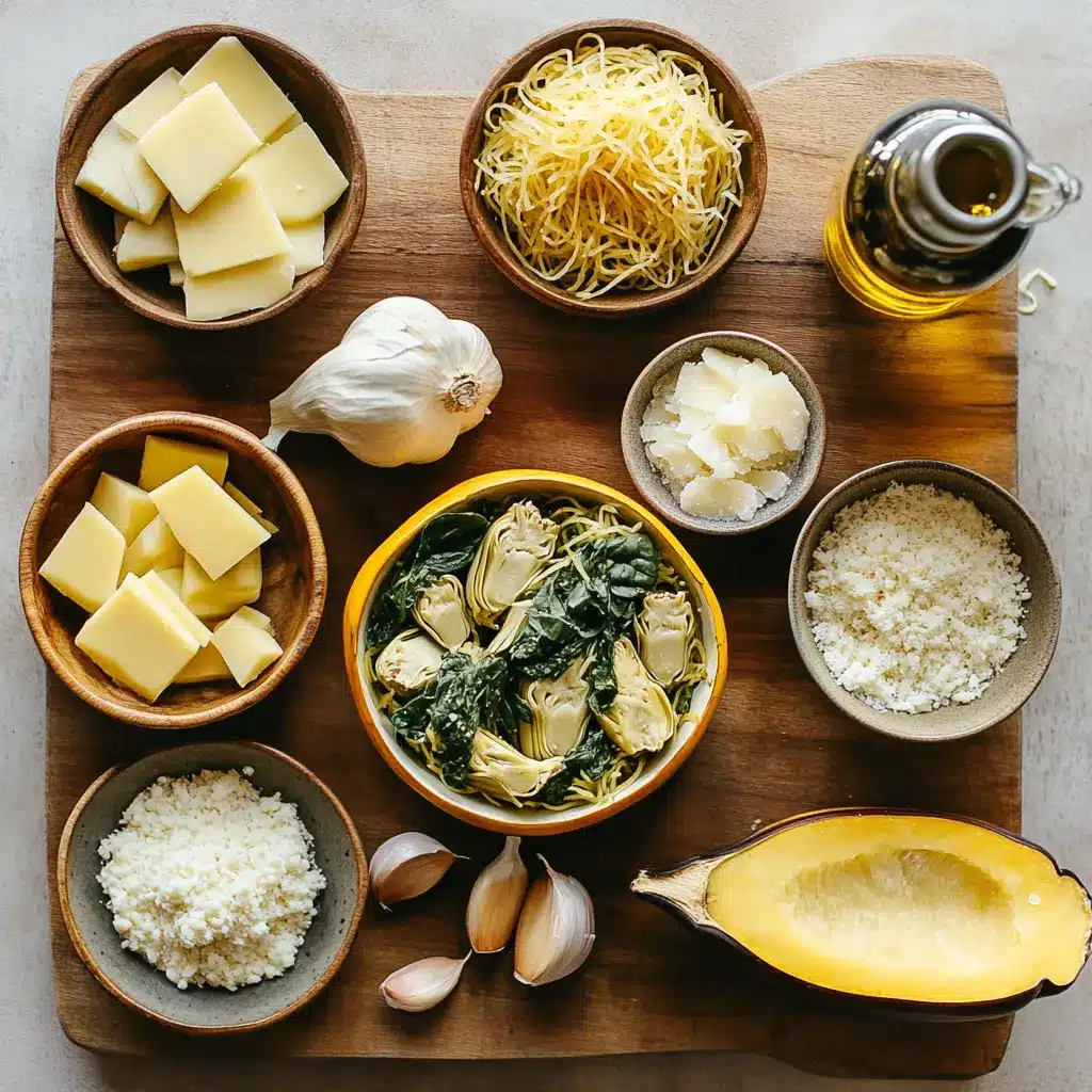 Spinach and Artichoke Stuffed Spaghetti Squash: Delicious Recipe 2 Ingredients for Spinach and Artichoke Stuffed Spaghetti Squash recipe including spaghetti squash, spinach, artichokes, mozzarella, and cream cheese