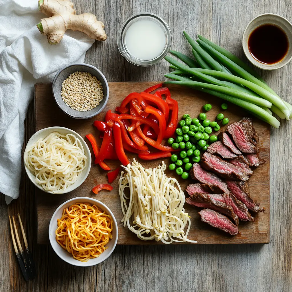 Sticky Beef Noodles ingredients including sliced flank steak, egg noodles, sesame oil, bell peppers, and fresh green onions, displayed in bowls on a kitchen counter