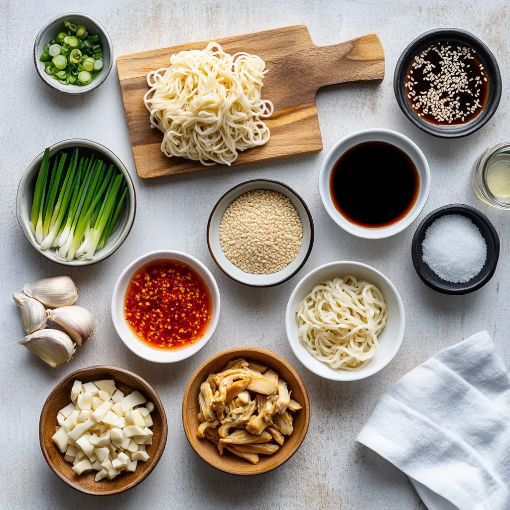Ingredients for Sticky Garlic Chicken Noodles arranged on a wooden board: glazed chicken, green onions, soy sauce, noodles, honey, garlic, and ginger