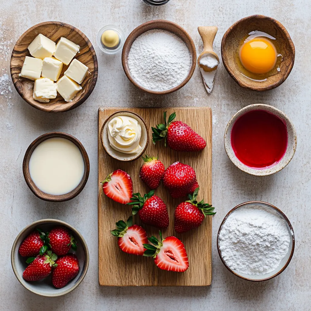 Flat lay of strawberry shortcake cake ingredients including flour, sugar, cream, and fresh strawberries