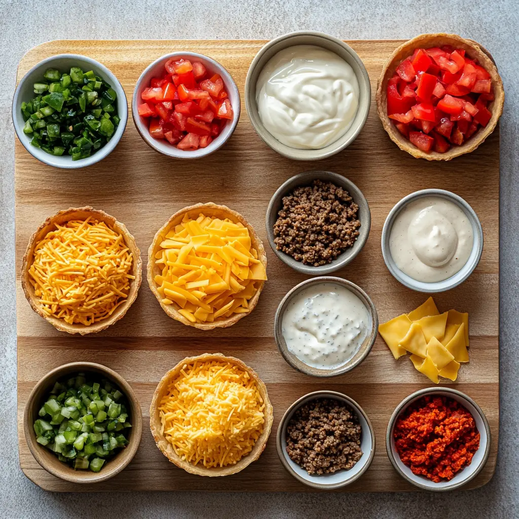 Ingredients displayed for Taco Ranch Bites: ground beef, cheddar, ranch mix, phyllo shells and more