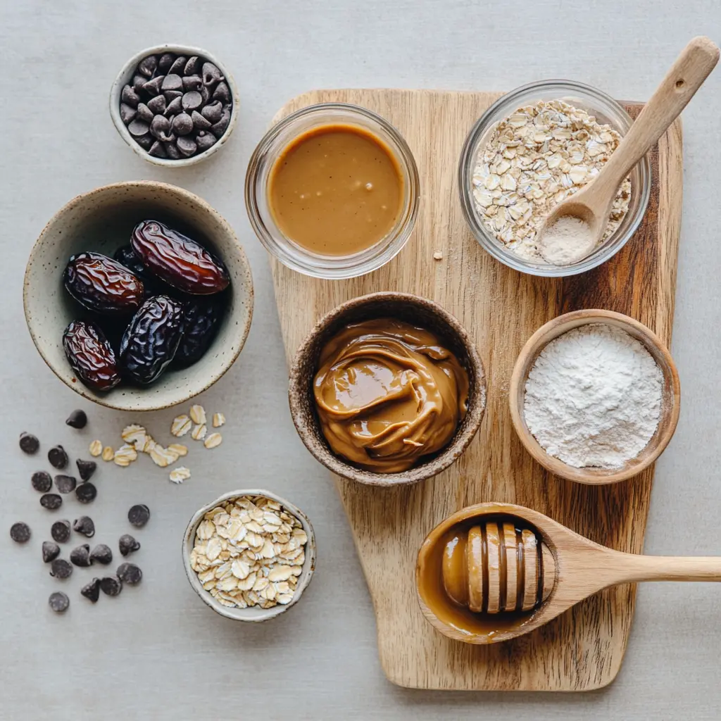 Ingredients for the ultimate homemade protein bars recipe including dates, peanut butter, oat flour, honey, and protein powder