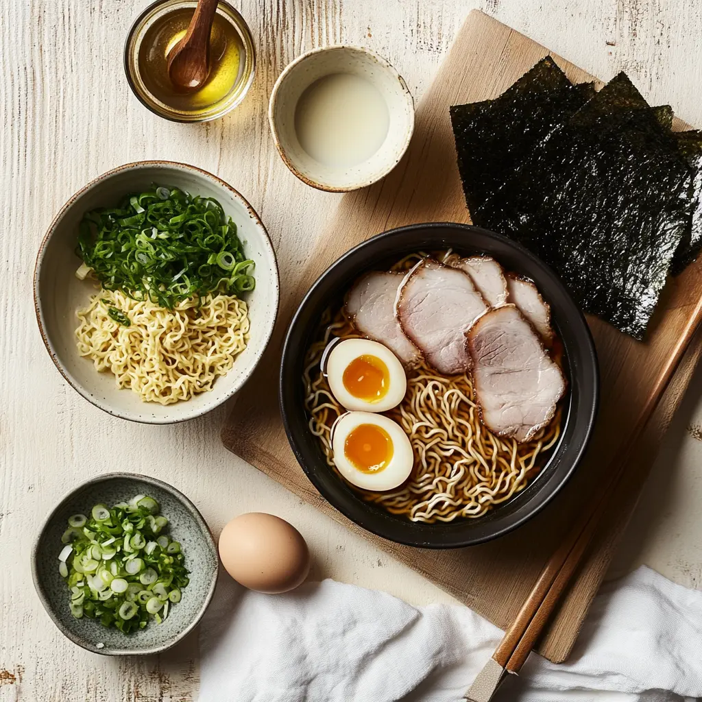 tonkotsu ramen ingredients including pork bones, chashu, noodles, shiitake, eggs, and toppings