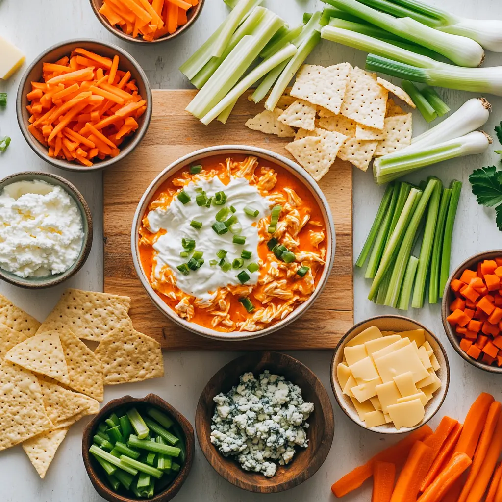 Overview of key ingredients laid out for the Ultimate Buffalo Chicken Dip recipe, with shredded chicken, cream cheese, ranch dressing, cheeses and buffalo sauce