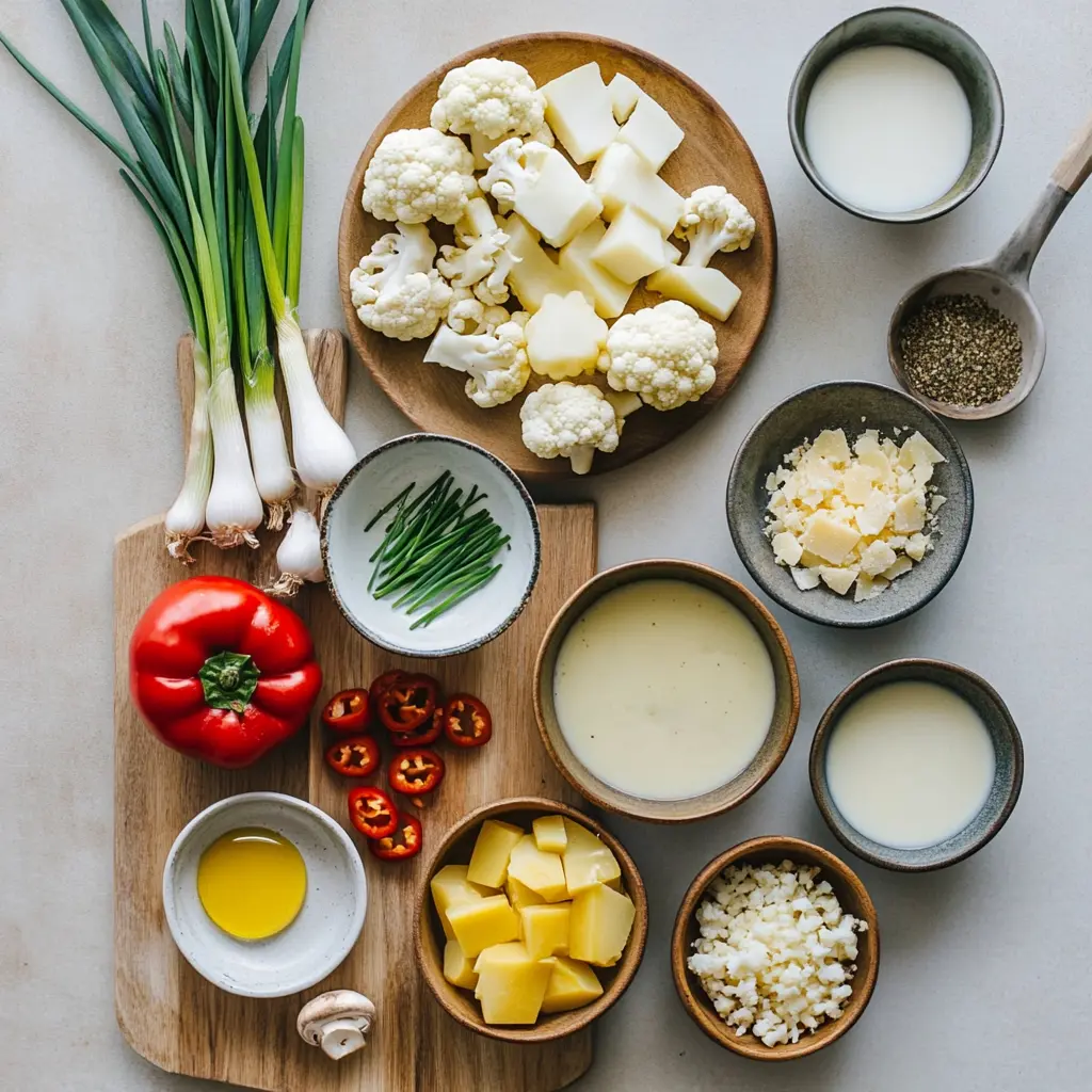 Ingredients laid out for Velvety Leek & Potato Soup: leeks, cauliflower, potatoes, red pepper, milk, broth
