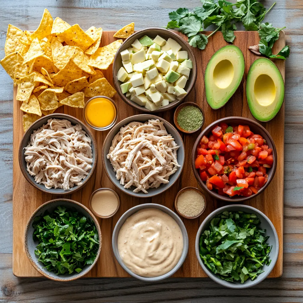 Ingredients laid out for white chicken chili recipe including cream cheese, shredded chicken, beans, and chiles