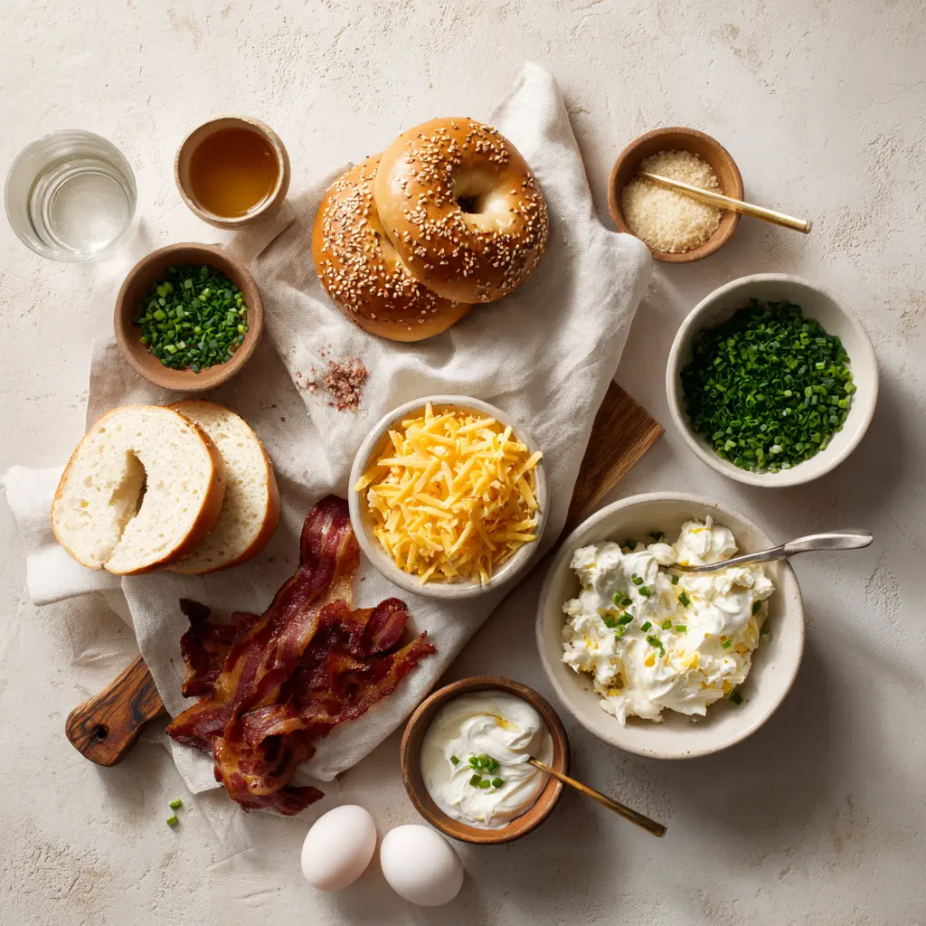Ingredients for Zesty Bacon Cream Cheese Bagels including sesame bagels, whipped cream cheese, cooked bacon, cheddar cheese, chives